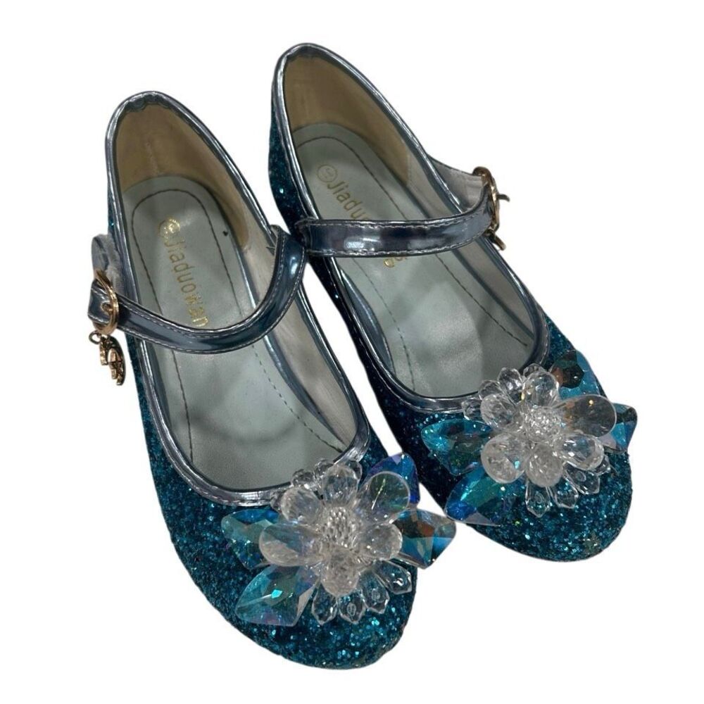 NWOT Jiadowang Dance Shoes Girls Size 31 Blue Glittered Crystal Flower Accent
